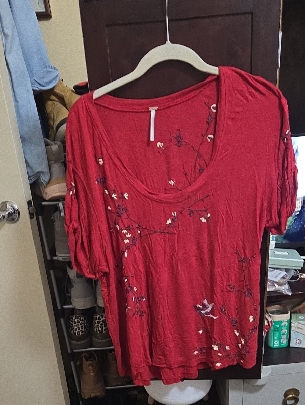 Free People Red Scoop-Neck Floral Embroidered Tunic